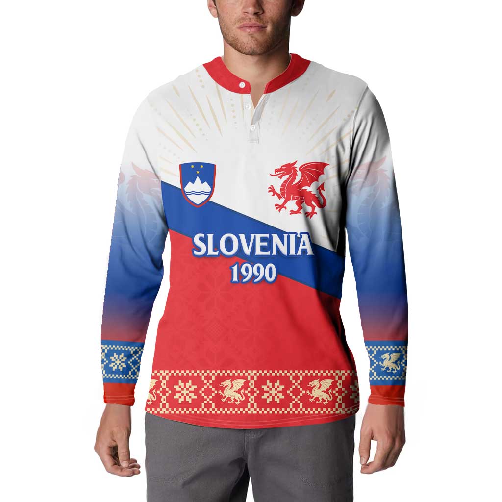 Slovenian Independence Button Sweatshirt 1990 Tribute with Dragon Emblem and Alpine Legacy