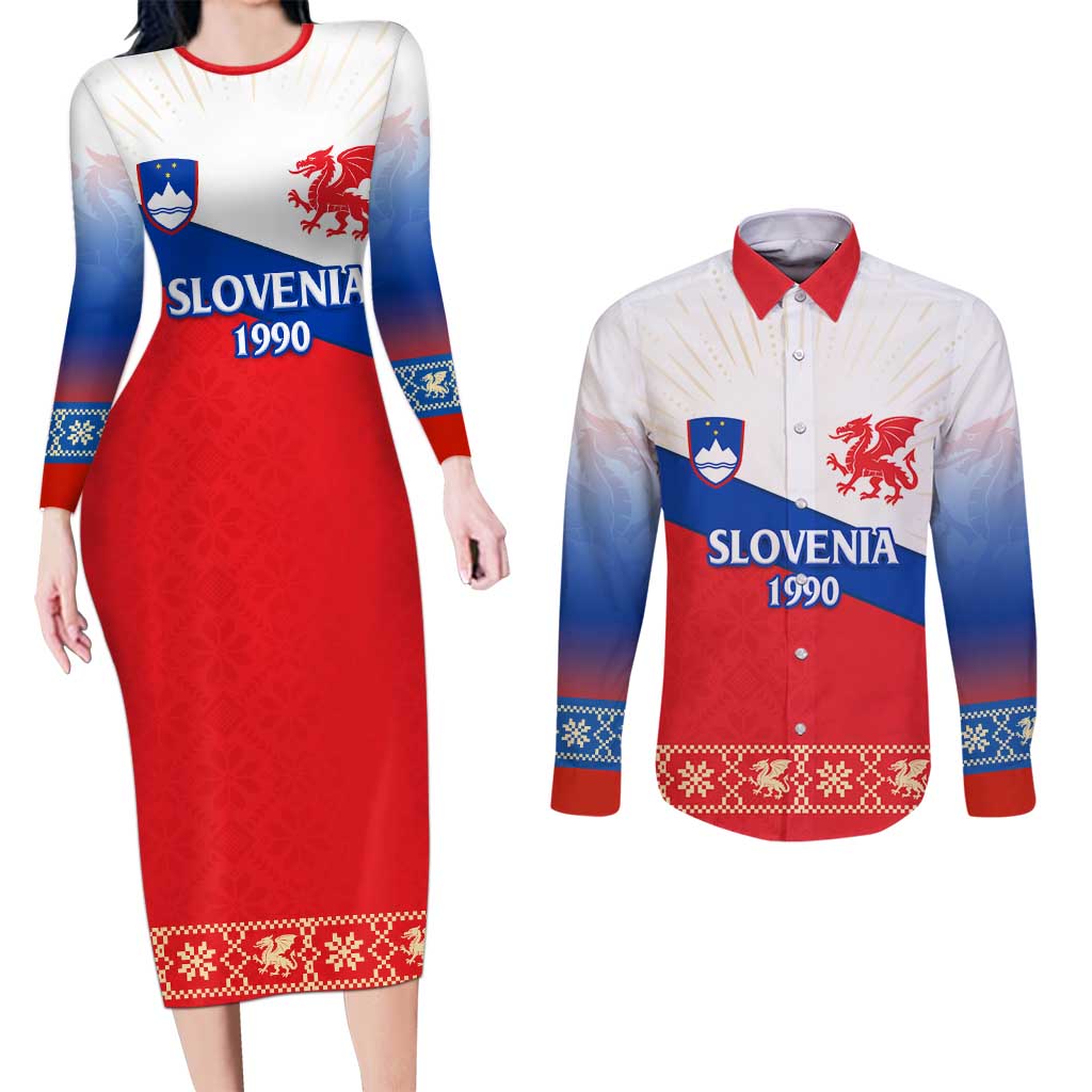 Slovenian Independence Couples Matching Long Sleeve Bodycon Dress and Long Sleeve Button Shirt 1990 Tribute with Dragon Emblem and Alpine Legacy