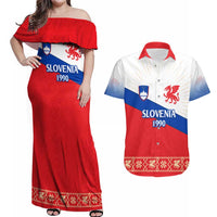Slovenian Independence Couples Matching Off Shoulder Maxi Dress and Hawaiian Shirt 1990 Tribute with Dragon Emblem and Alpine Legacy