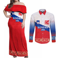 Slovenian Independence Couples Matching Off Shoulder Maxi Dress and Long Sleeve Button Shirt 1990 Tribute with Dragon Emblem and Alpine Legacy