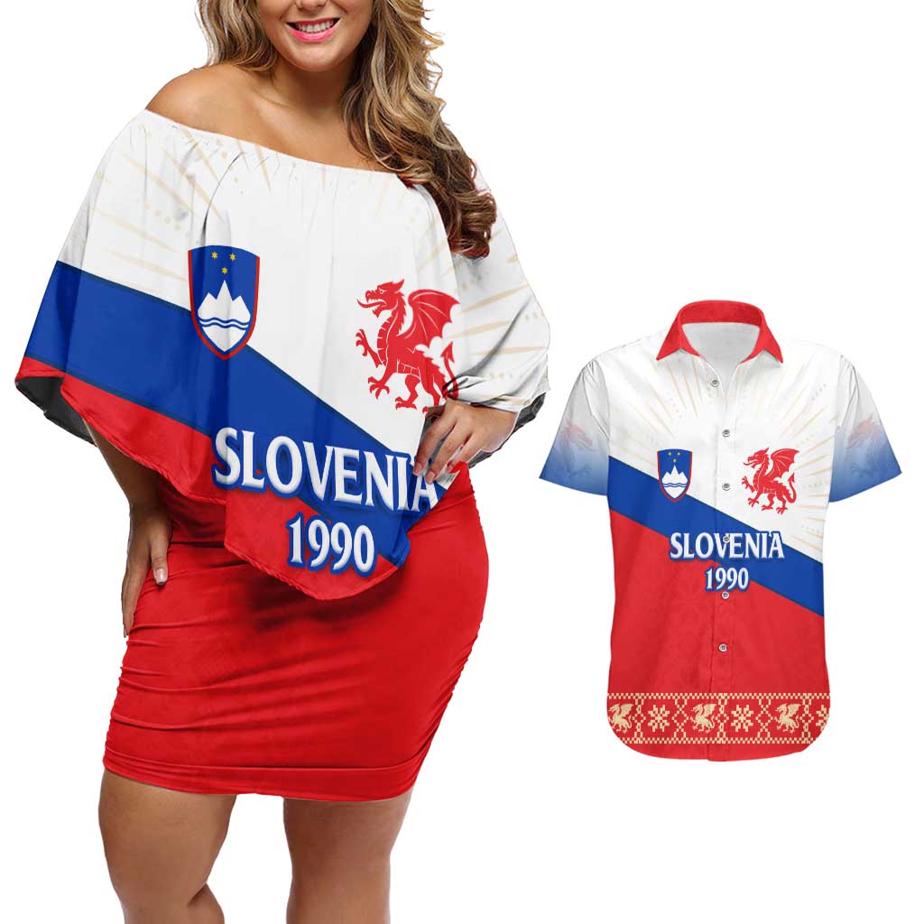 Slovenian Independence Couples Matching Off Shoulder Short Dress and Hawaiian Shirt 1990 Tribute with Dragon Emblem and Alpine Legacy