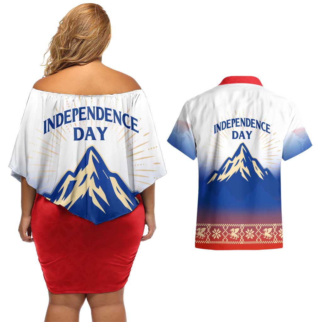 Slovenian Independence Couples Matching Off Shoulder Short Dress and Hawaiian Shirt 1990 Tribute with Dragon Emblem and Alpine Legacy