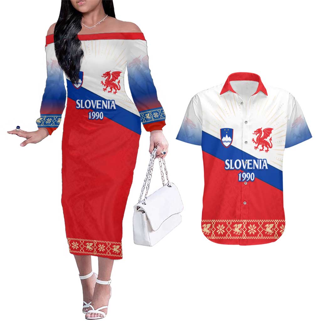 Slovenian Independence Couples Matching Off The Shoulder Long Sleeve Dress and Hawaiian Shirt 1990 Tribute with Dragon Emblem and Alpine Legacy