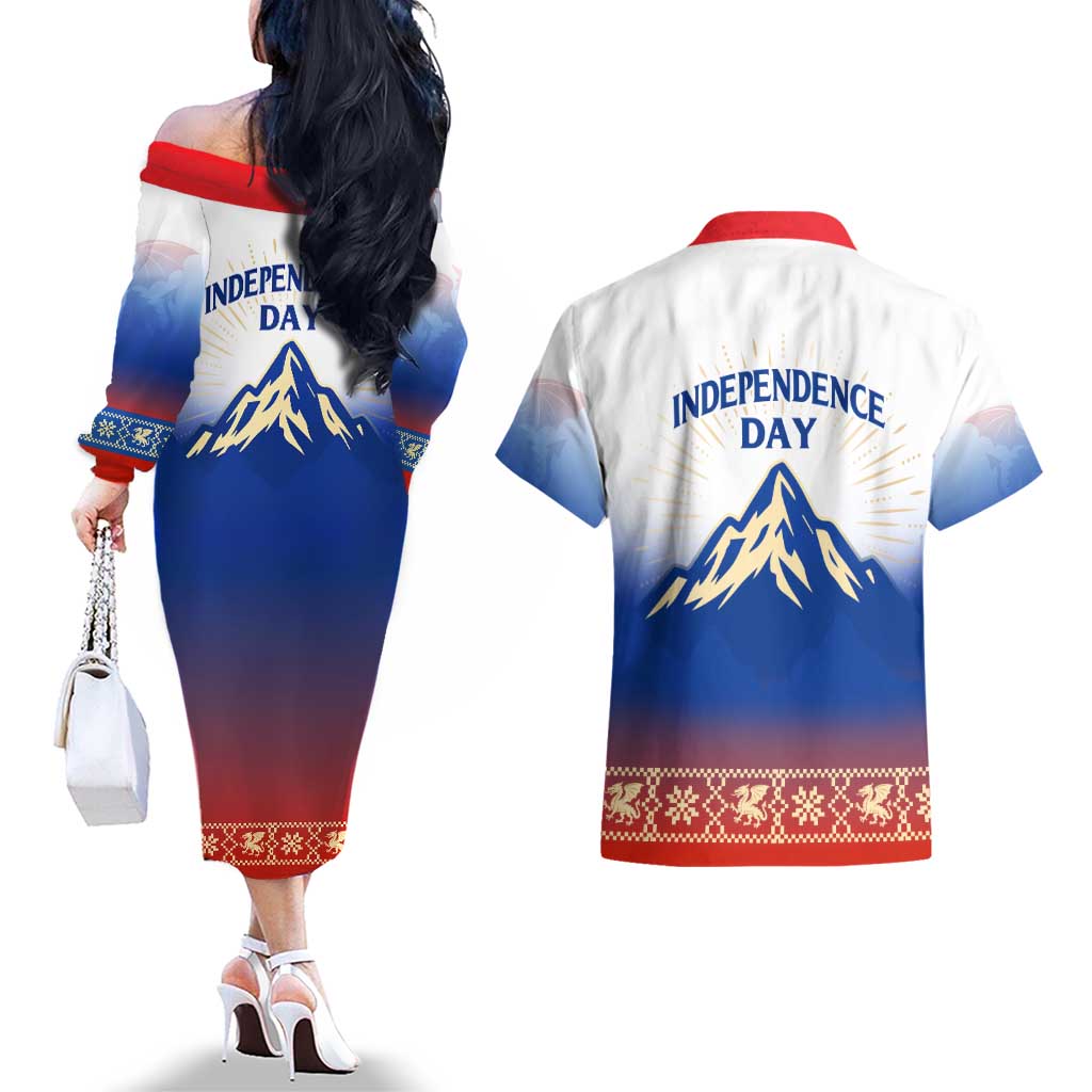 Slovenian Independence Couples Matching Off The Shoulder Long Sleeve Dress and Hawaiian Shirt 1990 Tribute with Dragon Emblem and Alpine Legacy