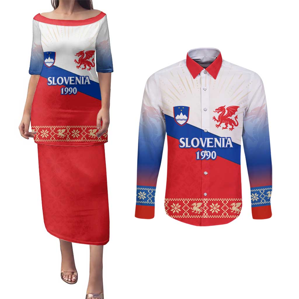 Slovenian Independence Couples Matching Puletasi and Long Sleeve Button Shirt 1990 Tribute with Dragon Emblem and Alpine Legacy