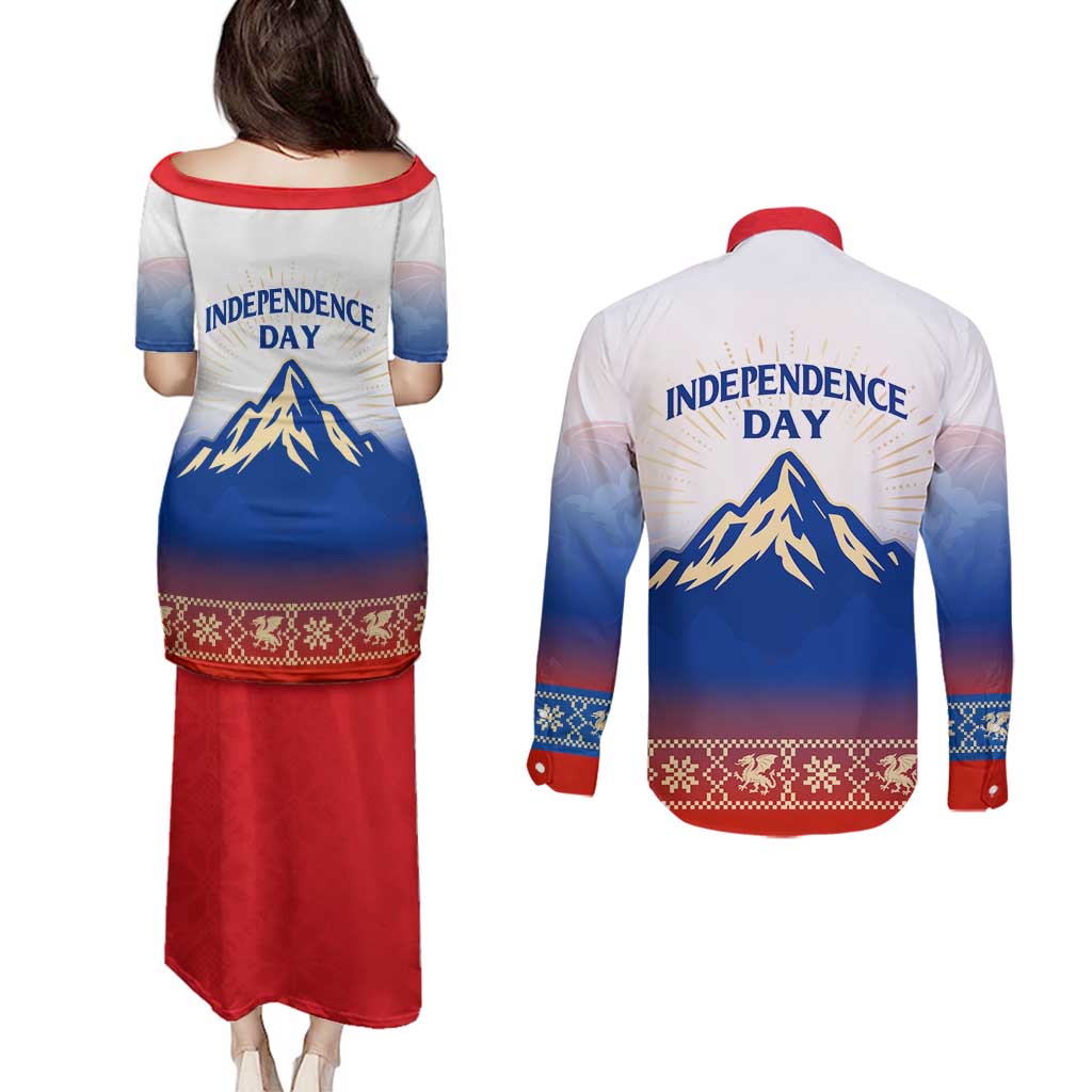 Slovenian Independence Couples Matching Puletasi and Long Sleeve Button Shirt 1990 Tribute with Dragon Emblem and Alpine Legacy