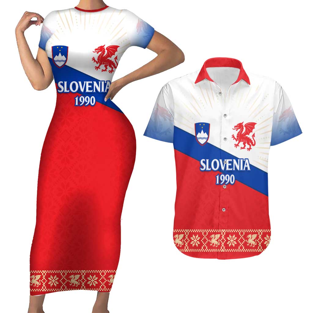 Slovenian Independence Couples Matching Short Sleeve Bodycon Dress and Hawaiian Shirt 1990 Tribute with Dragon Emblem and Alpine Legacy