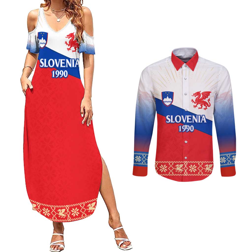 Slovenian Independence Couples Matching Summer Maxi Dress and Long Sleeve Button Shirt 1990 Tribute with Dragon Emblem and Alpine Legacy