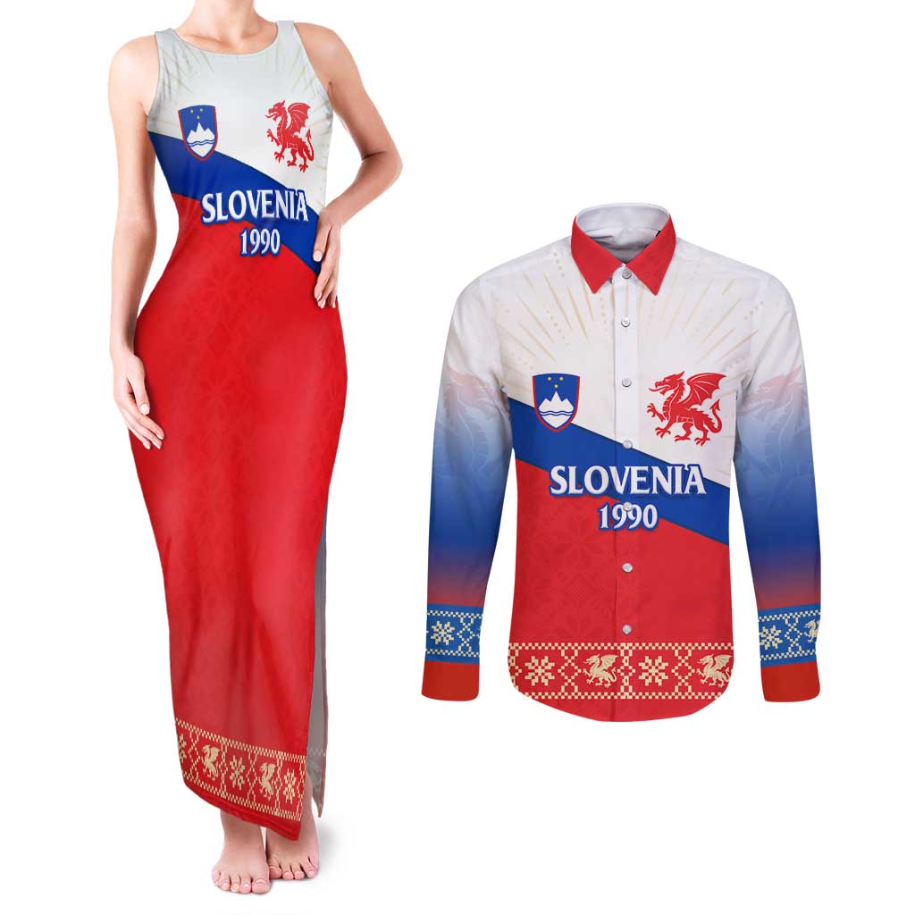 Slovenian Independence Couples Matching Tank Maxi Dress and Long Sleeve Button Shirt 1990 Tribute with Dragon Emblem and Alpine Legacy
