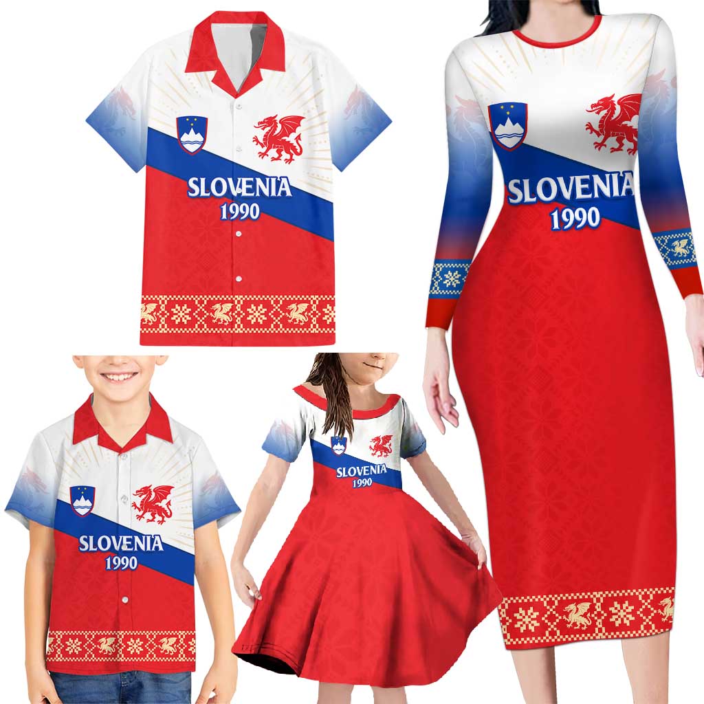 Slovenian Independence Family Matching Long Sleeve Bodycon Dress and Hawaiian Shirt 1990 Tribute with Dragon Emblem and Alpine Legacy