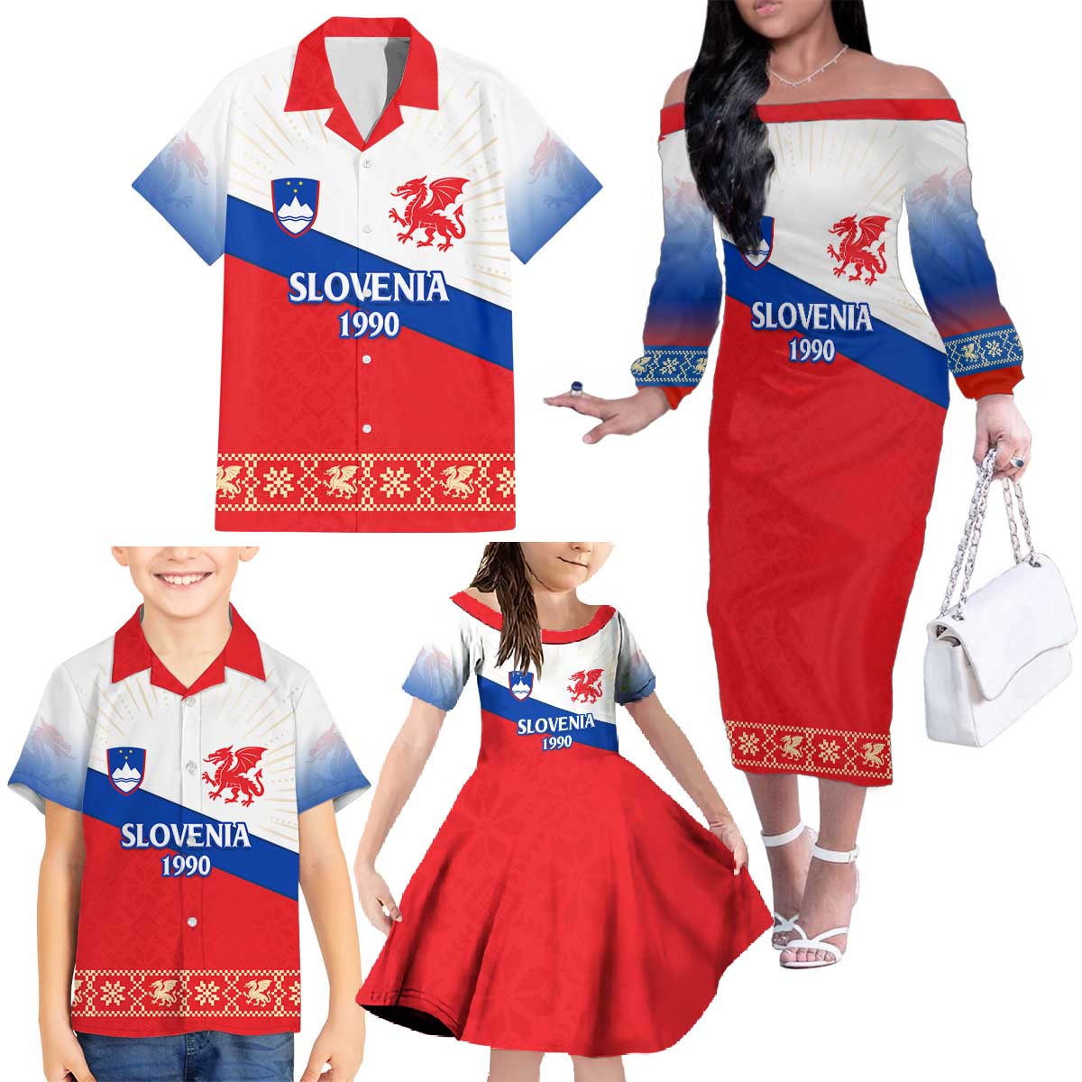 Slovenian Independence Family Matching Off The Shoulder Long Sleeve Dress and Hawaiian Shirt 1990 Tribute with Dragon Emblem and Alpine Legacy
