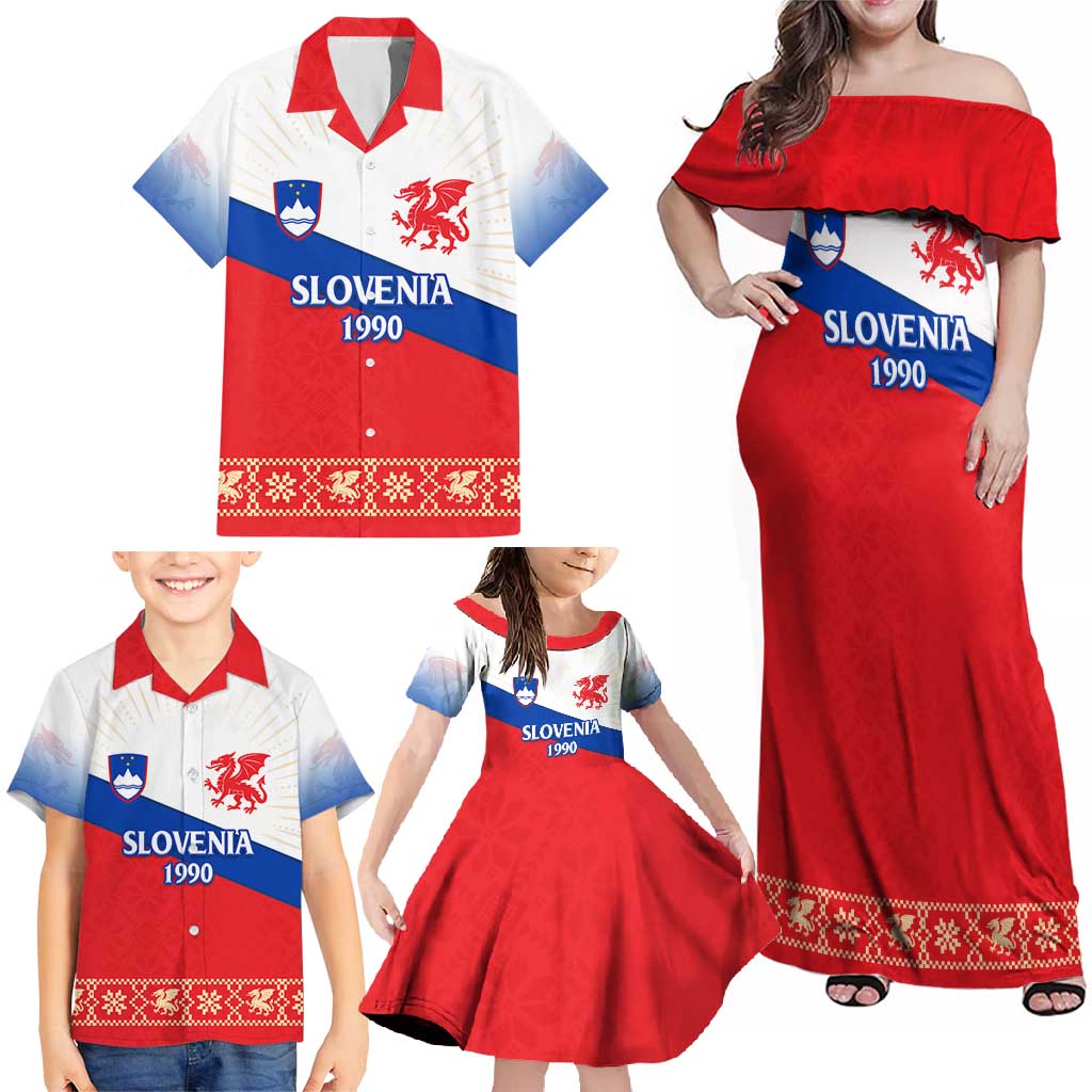 Slovenian Independence Family Matching Off Shoulder Maxi Dress and Hawaiian Shirt 1990 Tribute with Dragon Emblem and Alpine Legacy