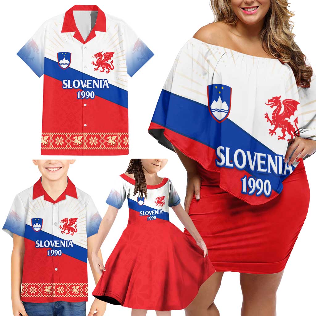 Slovenian Independence Family Matching Off Shoulder Short Dress and Hawaiian Shirt 1990 Tribute with Dragon Emblem and Alpine Legacy