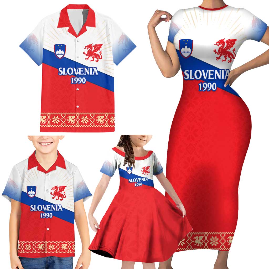 Slovenian Independence Family Matching Short Sleeve Bodycon Dress and Hawaiian Shirt 1990 Tribute with Dragon Emblem and Alpine Legacy