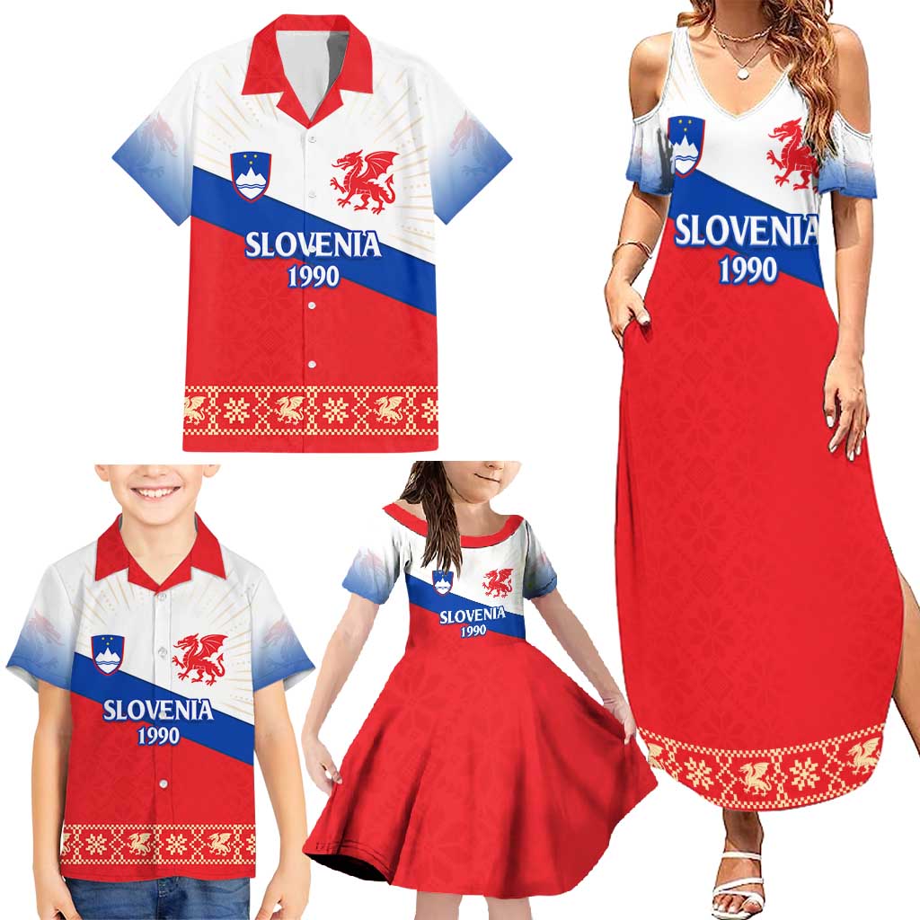 Slovenian Independence Family Matching Summer Maxi Dress and Hawaiian Shirt 1990 Tribute with Dragon Emblem and Alpine Legacy