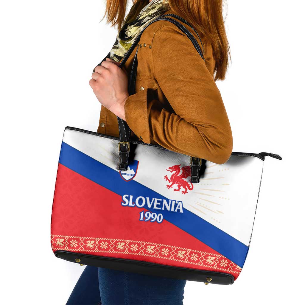 Slovenian Independence Leather Tote Bag 1990 Tribute with Dragon Emblem and Alpine Legacy