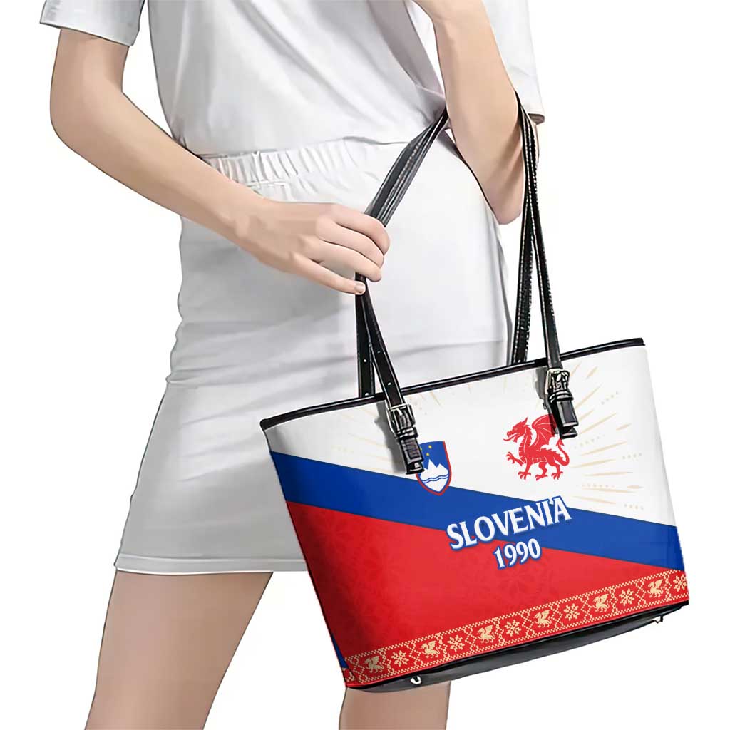 Slovenian Independence Leather Tote Bag 1990 Tribute with Dragon Emblem and Alpine Legacy
