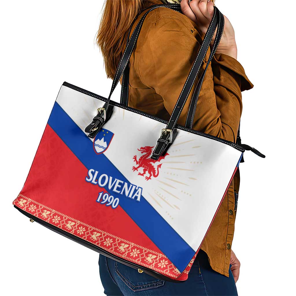 Slovenian Independence Leather Tote Bag 1990 Tribute with Dragon Emblem and Alpine Legacy
