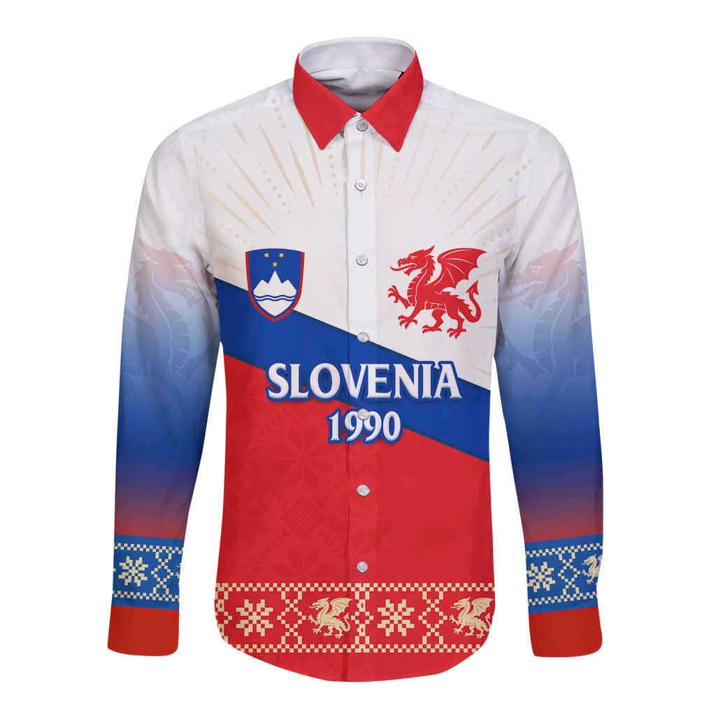 Slovenian Independence Long Sleeve Button Shirt 1990 Tribute with Dragon Emblem and Alpine Legacy