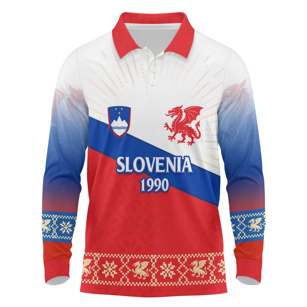 Slovenian Independence Long Sleeve Polo Shirt 1990 Tribute with Dragon Emblem and Alpine Legacy