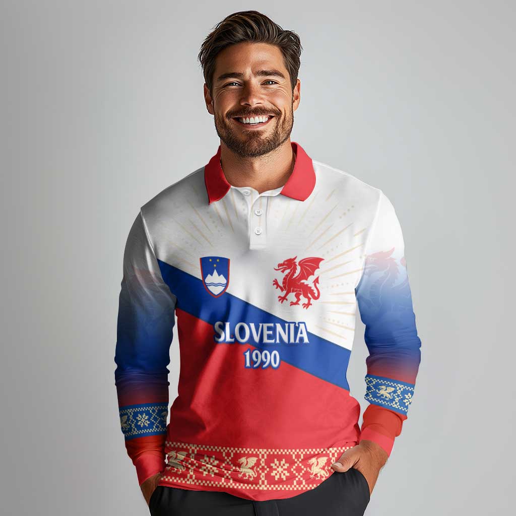 Slovenian Independence Long Sleeve Polo Shirt 1990 Tribute with Dragon Emblem and Alpine Legacy