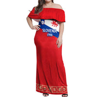 Slovenian Independence Off Shoulder Maxi Dress 1990 Tribute with Dragon Emblem and Alpine Legacy