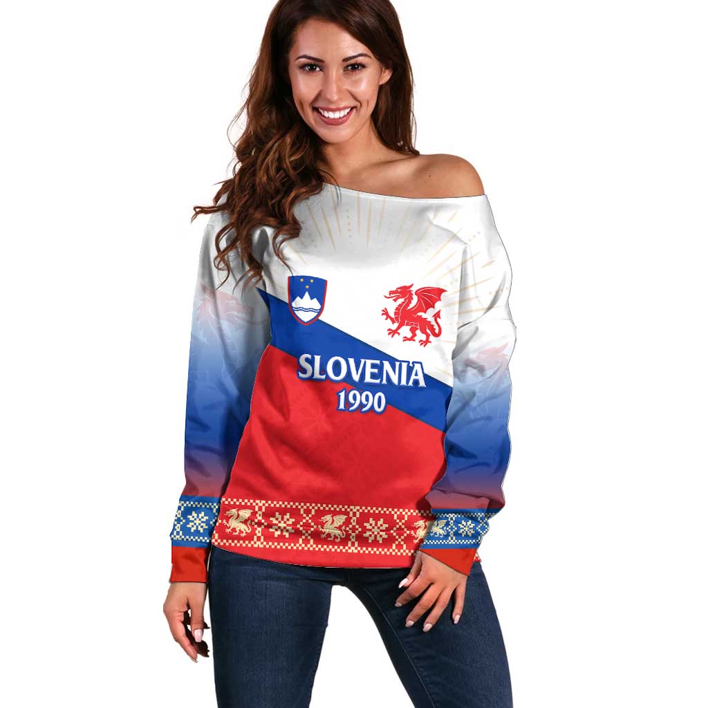 Slovenian Independence Off Shoulder Sweater 1990 Tribute with Dragon Emblem and Alpine Legacy