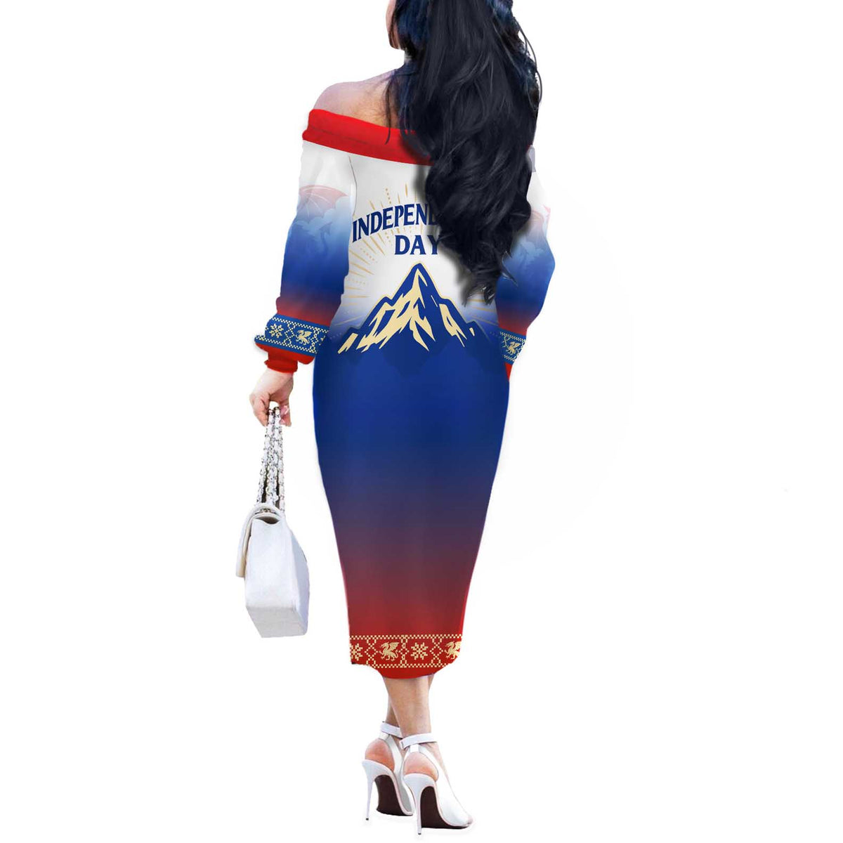 Slovenian Independence Off The Shoulder Long Sleeve Dress 1990 Tribute with Dragon Emblem and Alpine Legacy