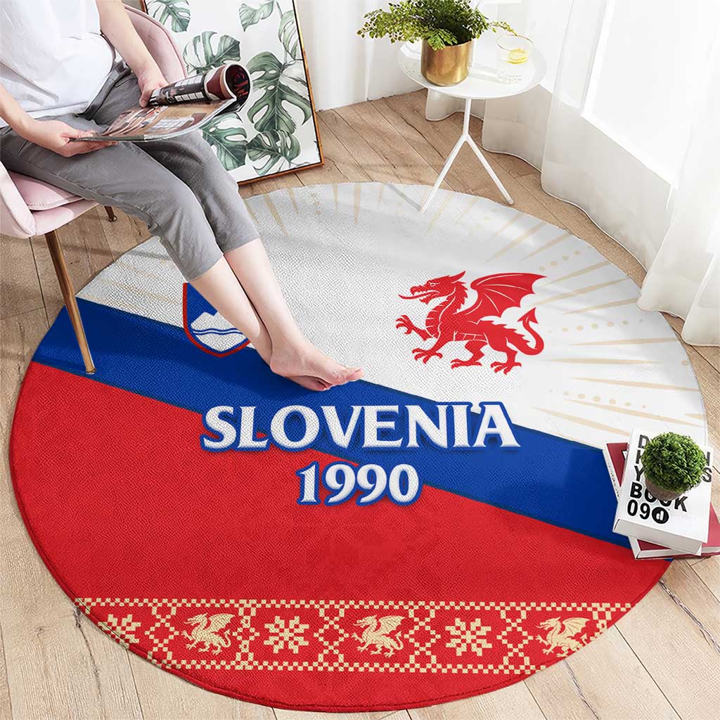 Slovenian Independence Round Carpet 1990 Tribute with Dragon Emblem and Alpine Legacy