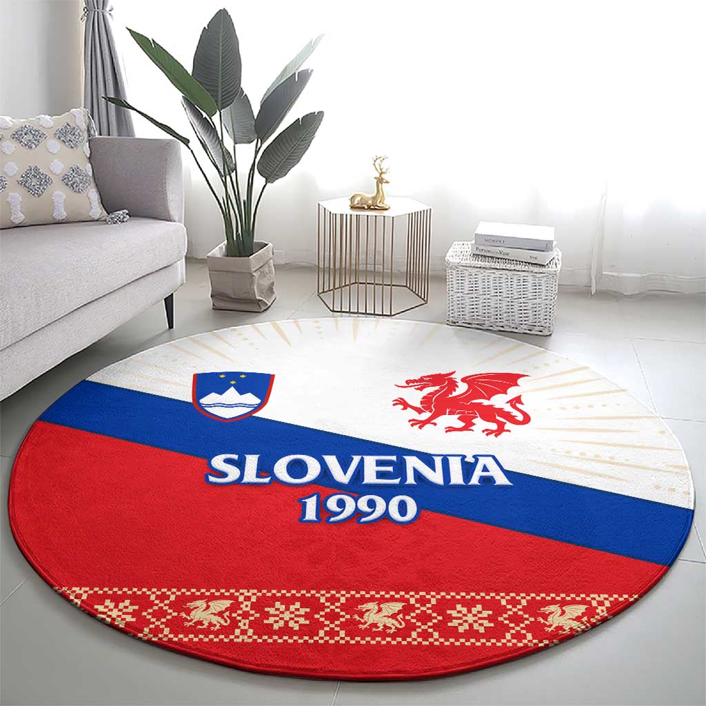 Slovenian Independence Round Carpet 1990 Tribute with Dragon Emblem and Alpine Legacy