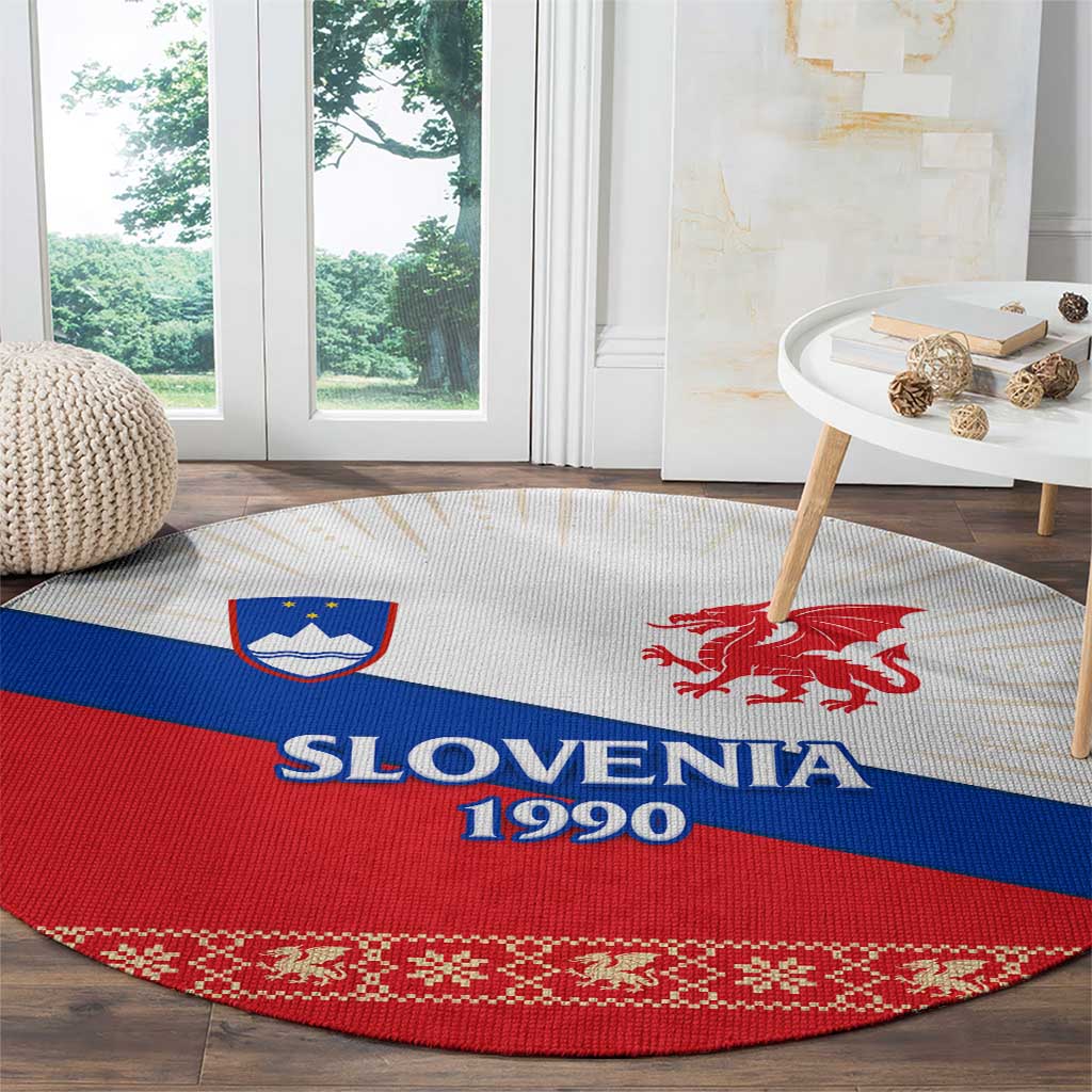 Slovenian Independence Round Carpet 1990 Tribute with Dragon Emblem and Alpine Legacy