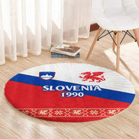 Slovenian Independence Round Carpet 1990 Tribute with Dragon Emblem and Alpine Legacy