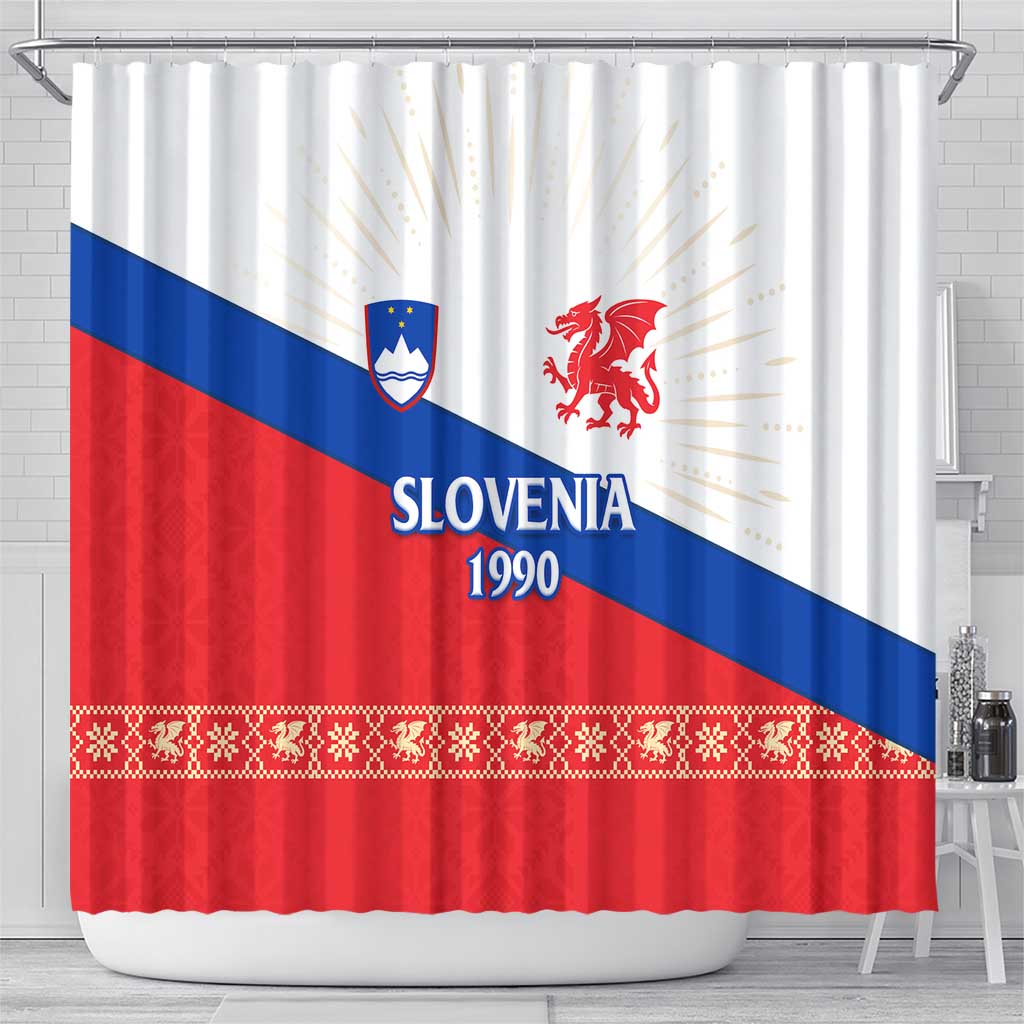 Slovenian Independence Shower Curtain 1990 Tribute with Dragon Emblem and Alpine Legacy