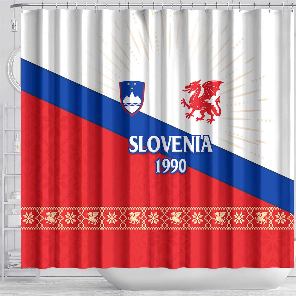 Slovenian Independence Shower Curtain 1990 Tribute with Dragon Emblem and Alpine Legacy