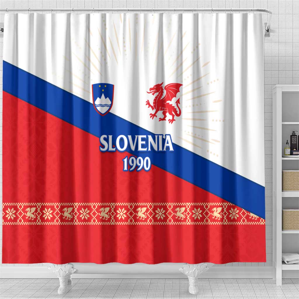 Slovenian Independence Shower Curtain 1990 Tribute with Dragon Emblem and Alpine Legacy