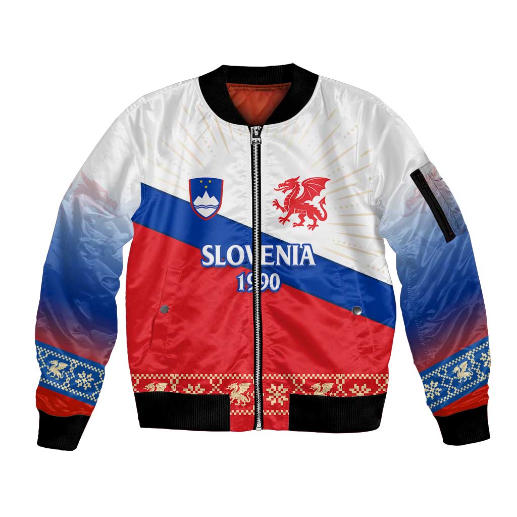 Slovenian Independence Sleeve Zip Bomber Jacket 1990 Tribute with Dragon Emblem and Alpine Legacy