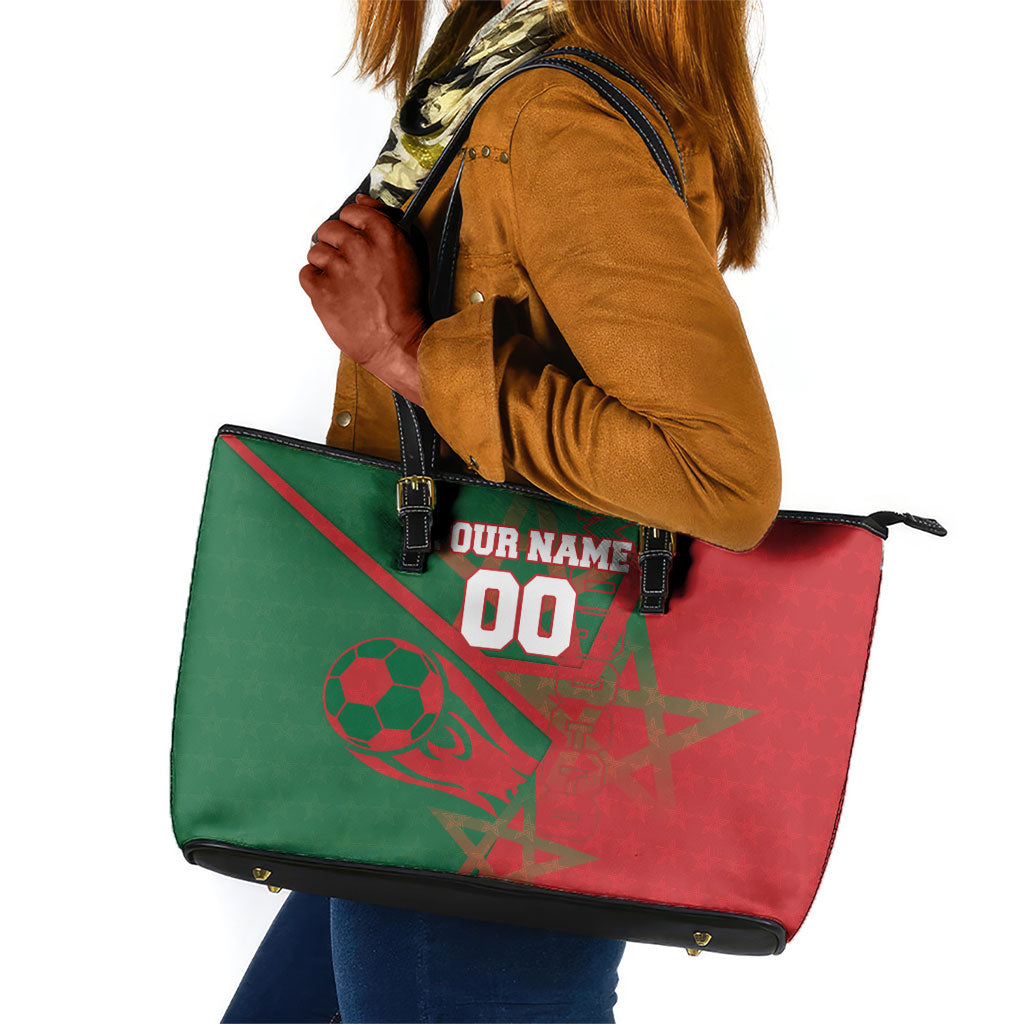 Personalized Morocco Football Leather Tote Bag Geometric Star Flag Soccer National Pride