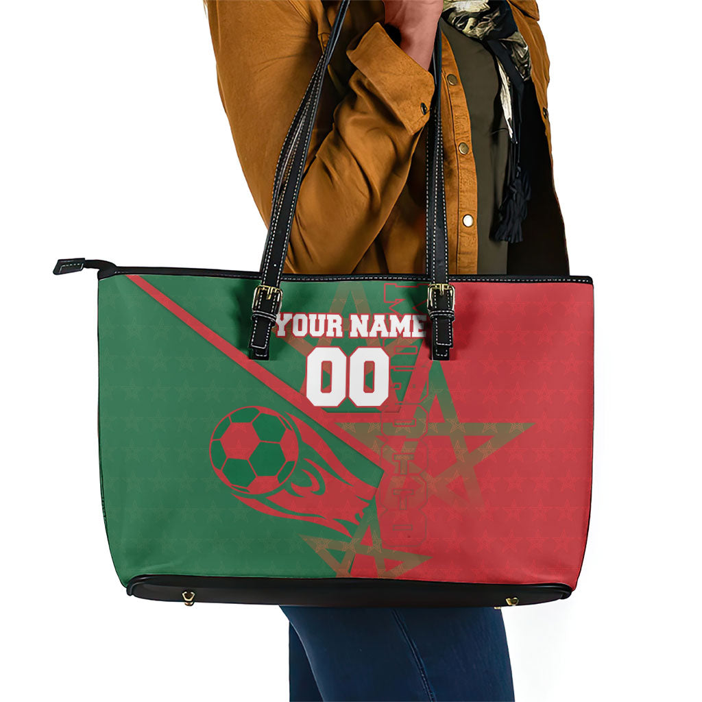 Personalized Morocco Football Leather Tote Bag Geometric Star Flag Soccer National Pride