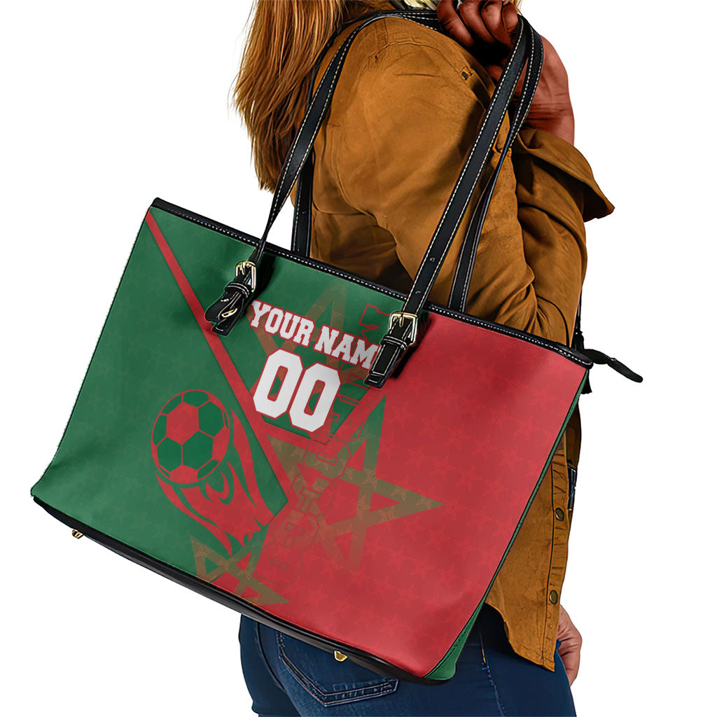 Personalized Morocco Football Leather Tote Bag Geometric Star Flag Soccer National Pride