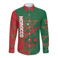 Personalized Morocco Football Long Sleeve Button Shirt Geometric Star Flag Soccer National Pride