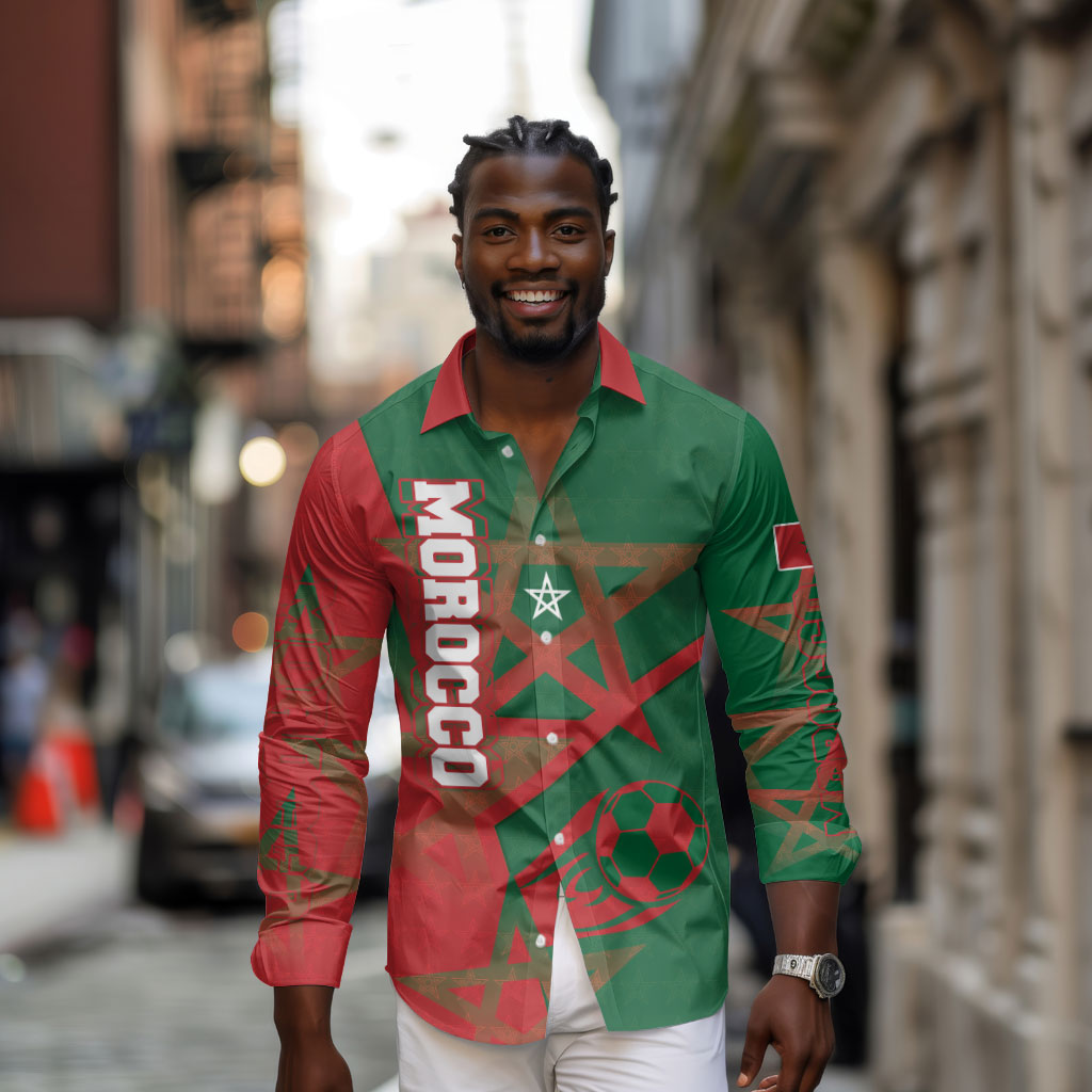 Personalized Morocco Football Long Sleeve Button Shirt Geometric Star Flag Soccer National Pride
