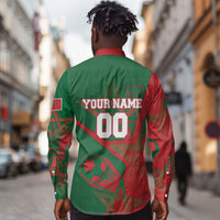 Personalized Morocco Football Long Sleeve Button Shirt Geometric Star Flag Soccer National Pride