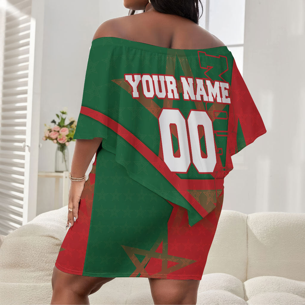 Personalized Morocco Football Off Shoulder Short Dress Geometric Star Flag Soccer National Pride