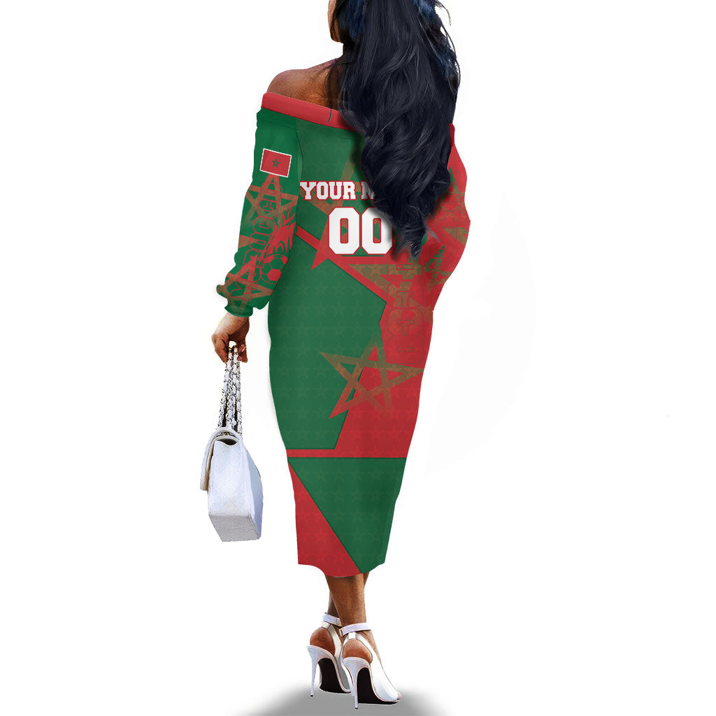 Personalized Morocco Football Off The Shoulder Long Sleeve Dress Geometric Star Flag Soccer National Pride