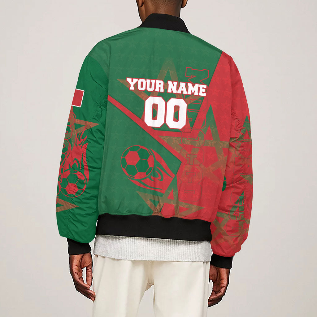 Personalized Morocco Football Sleeve Zip Bomber Jacket Geometric Star Flag Soccer National Pride