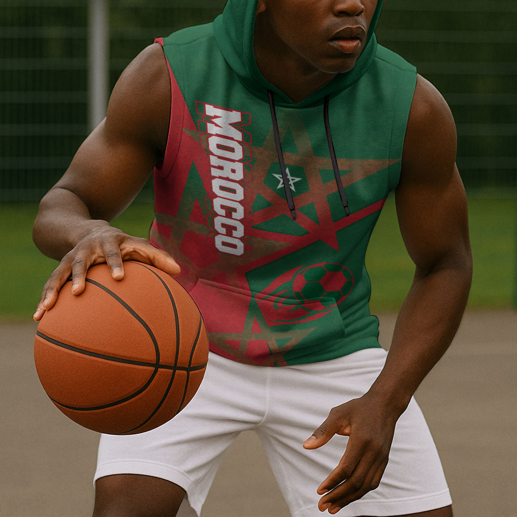 Personalized Morocco Football Sleeveless Hoodie Geometric Star Flag Soccer National Pride