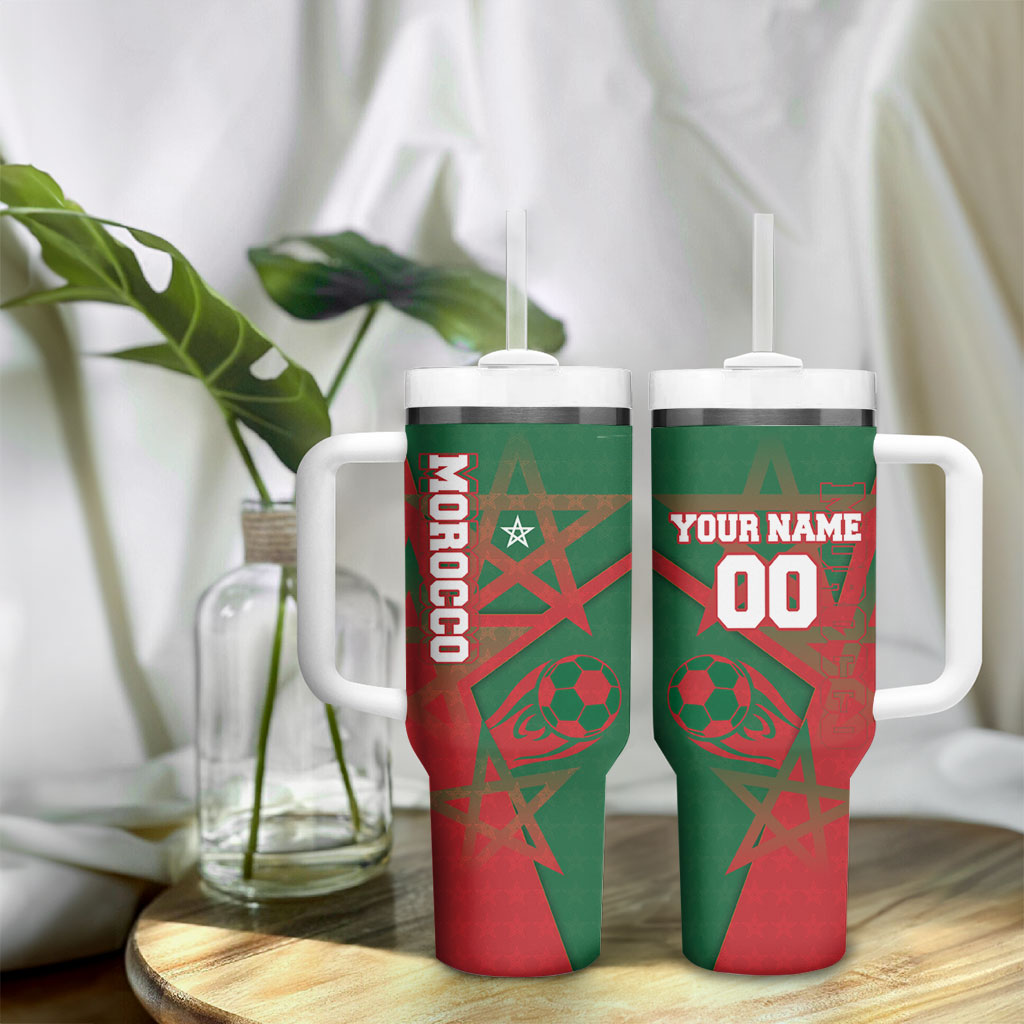 Personalized Morocco Football Tumbler With Handle Geometric Star Flag Soccer National Pride