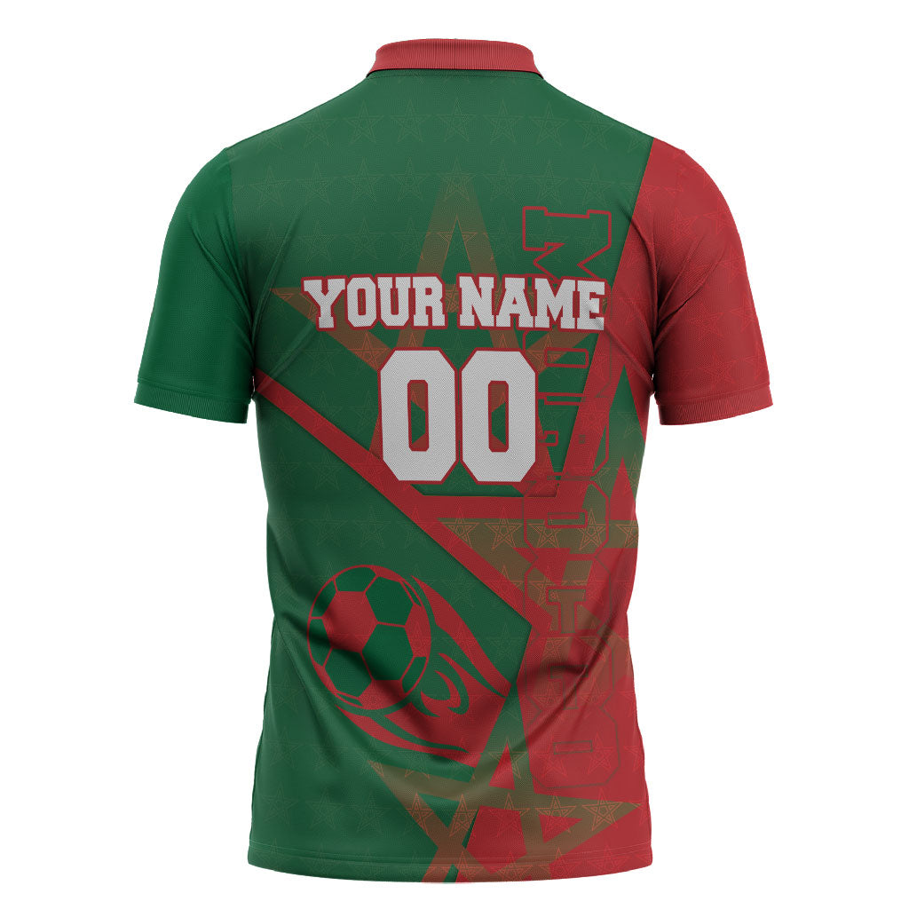 Personalized Morocco Football Zipper Polo Shirt Geometric Star Flag Soccer National Pride