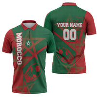 Personalized Morocco Football Zipper Polo Shirt Geometric Star Flag Soccer National Pride