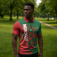 Personalized Morocco Football Zipper Polo Shirt Geometric Star Flag Soccer National Pride